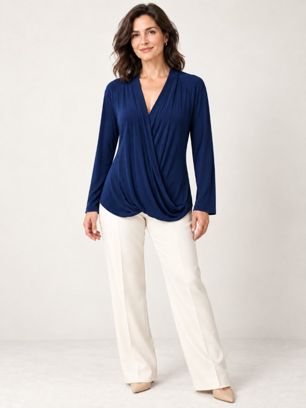 Eileen Fisher Blue 100% Silk Draped Wrap Front Long Sleeve Top XL NWT